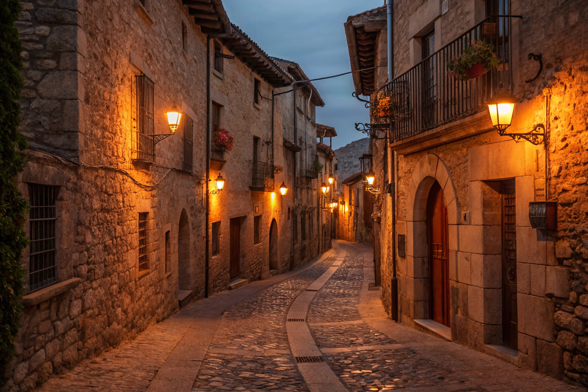 Rue médiévale pavée inspirée des décors du film live-action Raiponce 