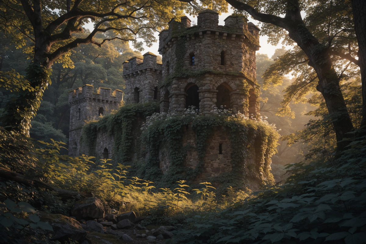 Tour médiévale en forêt évoquant l'univers du live-action Raiponce   