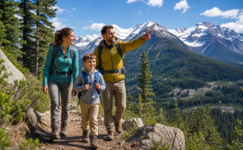 Famille randonnant sur un sentier en montagne sous un ciel ensoleillé.