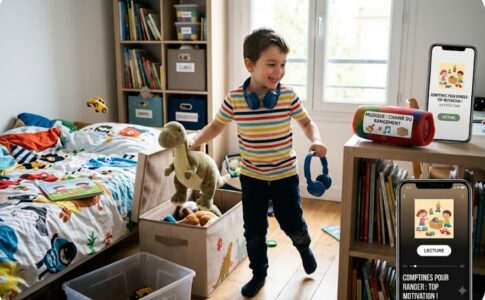 Un petit garçon rangeant sa chambre en écoutant de la musique