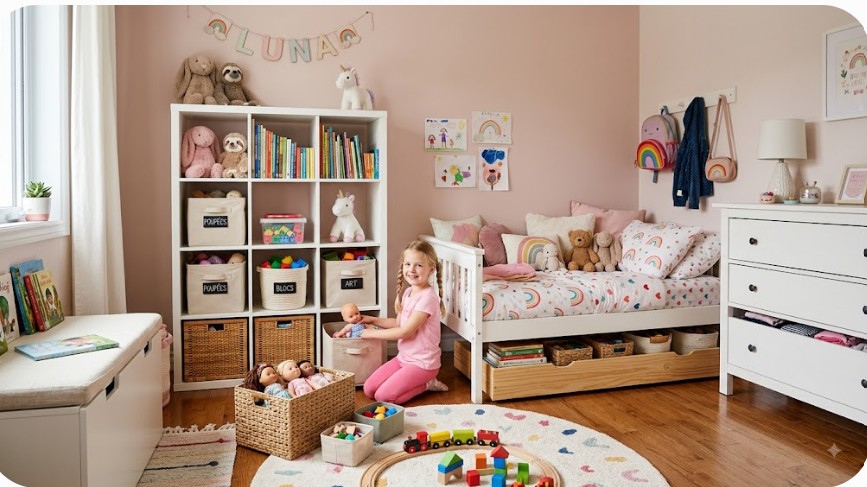 Une petite fille rangeant sa chambre