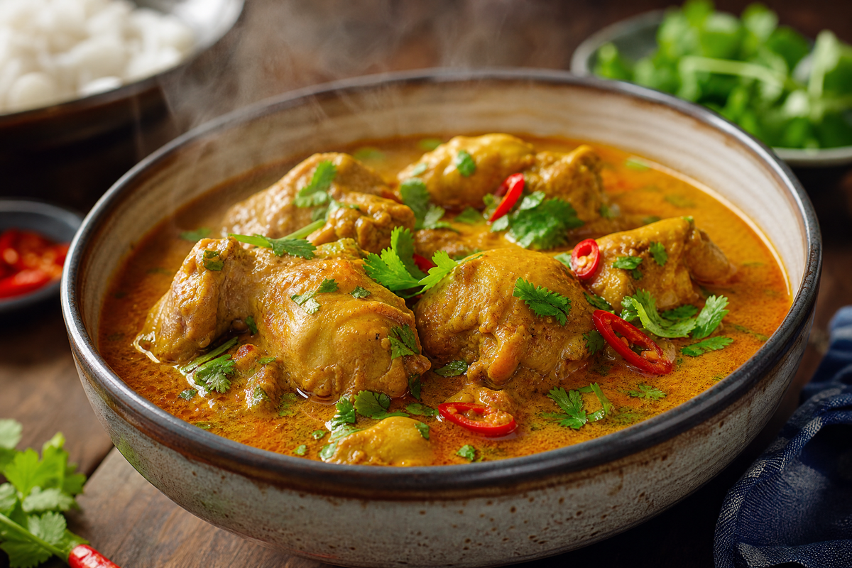 Bol de poulet au curry mijoté garni de coriandre fraîche et piment rouge.