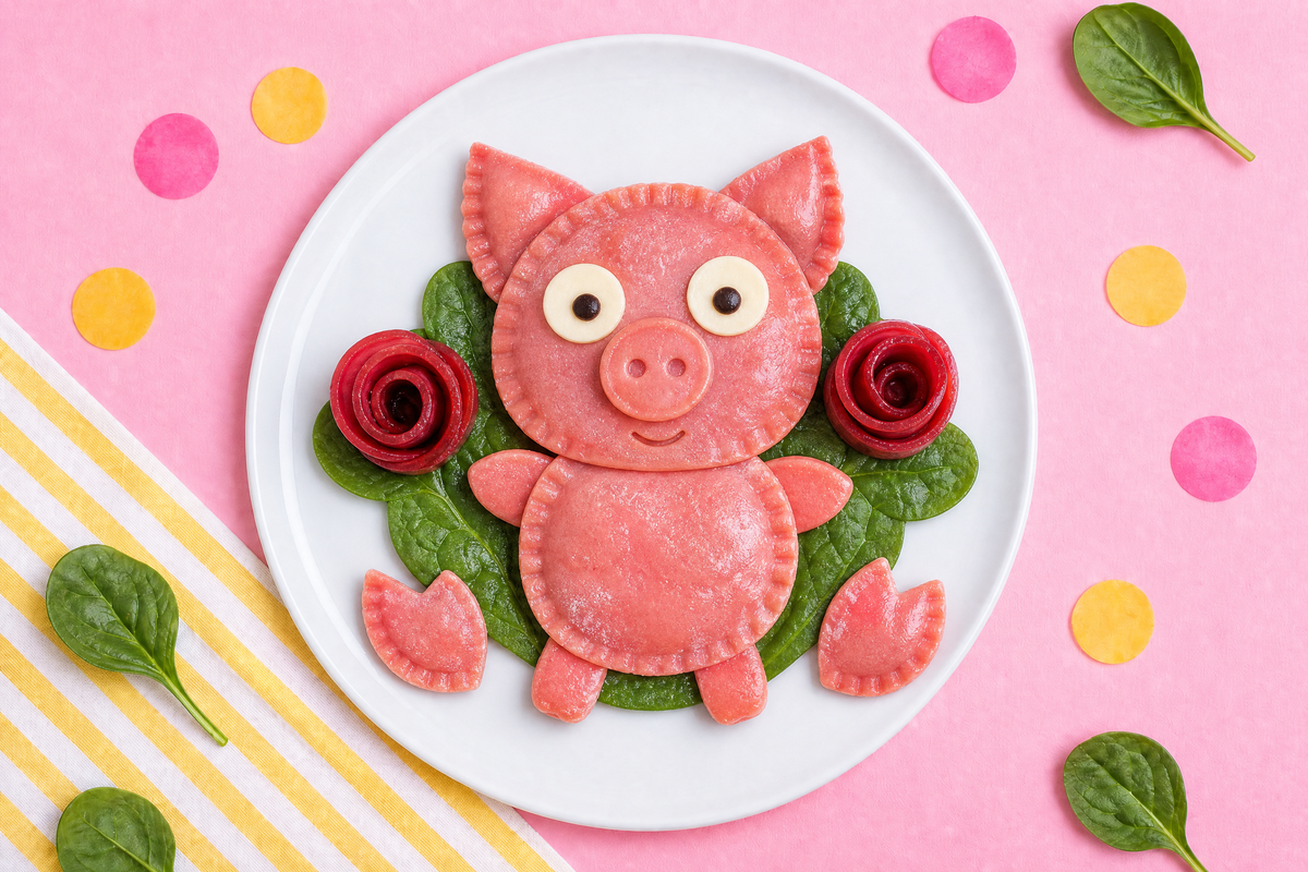 Des raviolis roses en forme de petits cochons servis avec des épinards.