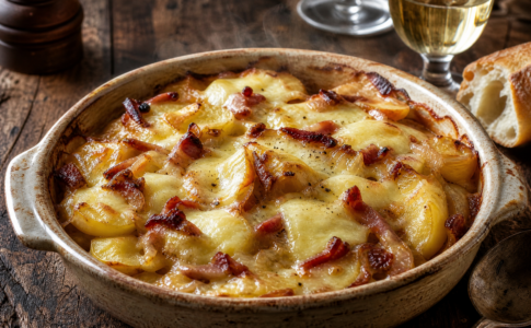Plat à gratin rempli d'une tartiflette dorée aux pommes de terre, reblochon fondu et lardons grillés.