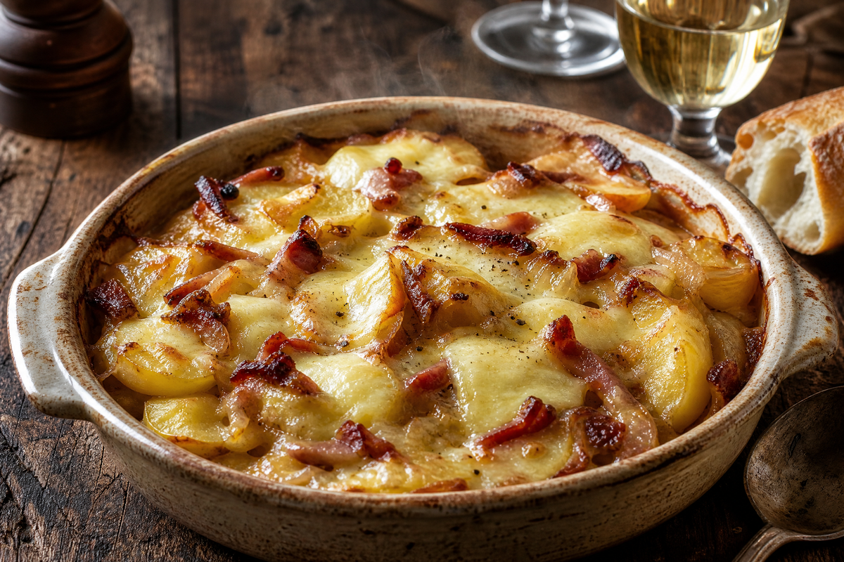 Plat à gratin rempli d'une tartiflette dorée aux pommes de terre, reblochon fondu et lardons grillés.