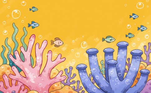 Fond marin coloré avec bulles et coraux lumineux, comme dans Red Fish Blue Fish