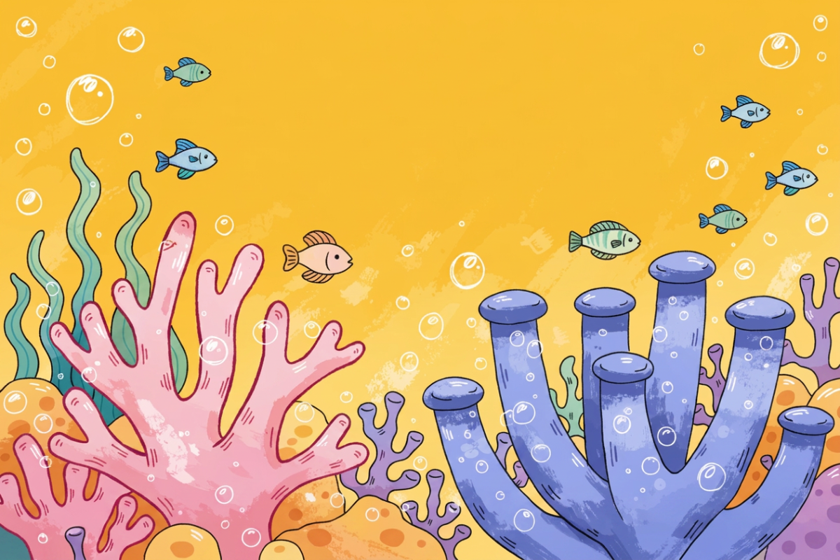 Fond marin coloré avec bulles et coraux lumineux, comme dans Red Fish Blue Fish 