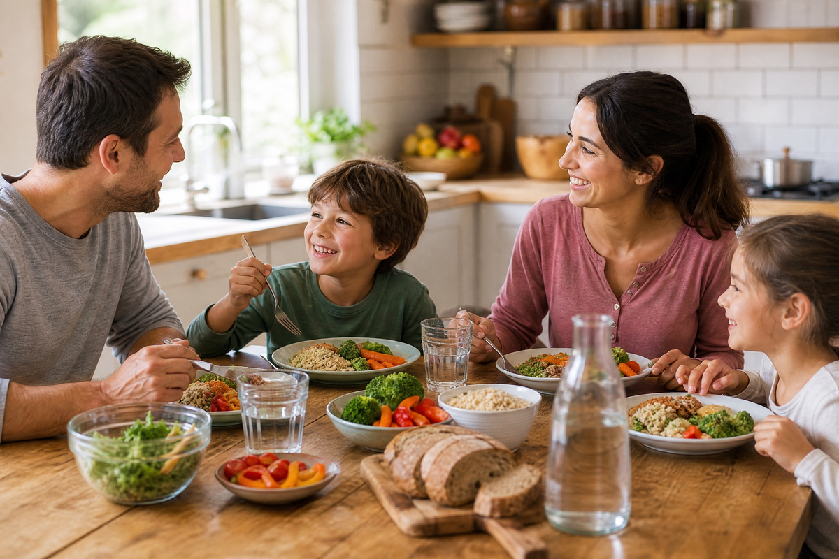 Famille réunie autour d'une table, partageant un repas sain composé de grains complets et de légumes. 