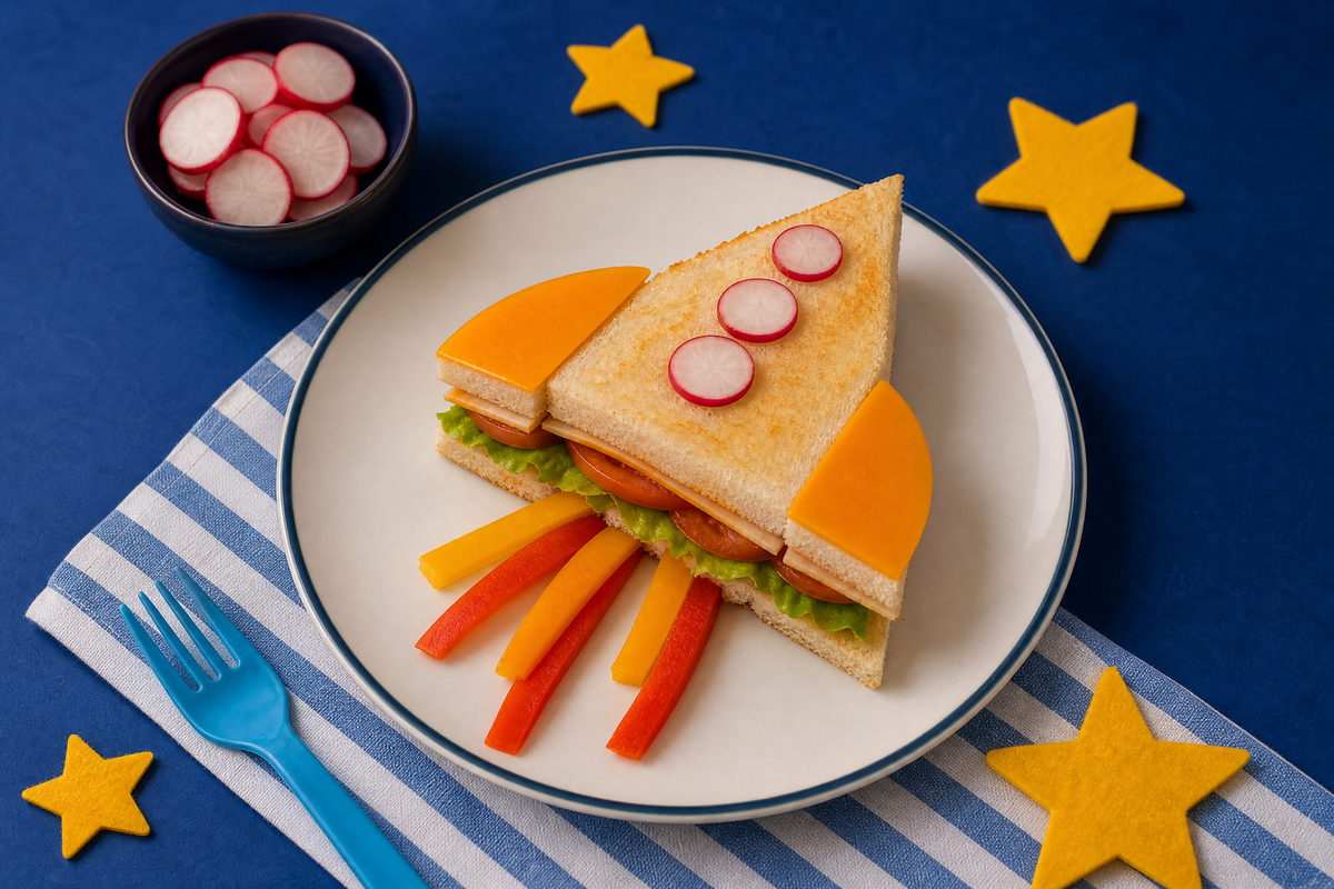 Un sandwich en forme de fusée garni de fromage, poivrons et radis.