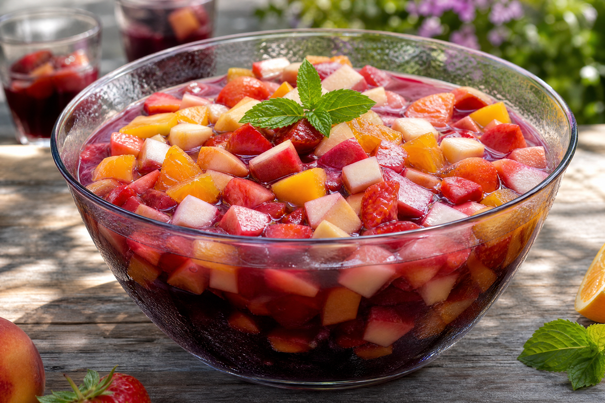  Saladier en verre rempli de sangria aux fruits frais et à la menthe.