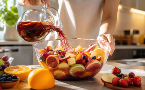 Une personne verse du vin rouge d'une carafe en verre sur un grand saladier rempli de fruits frais coupés.