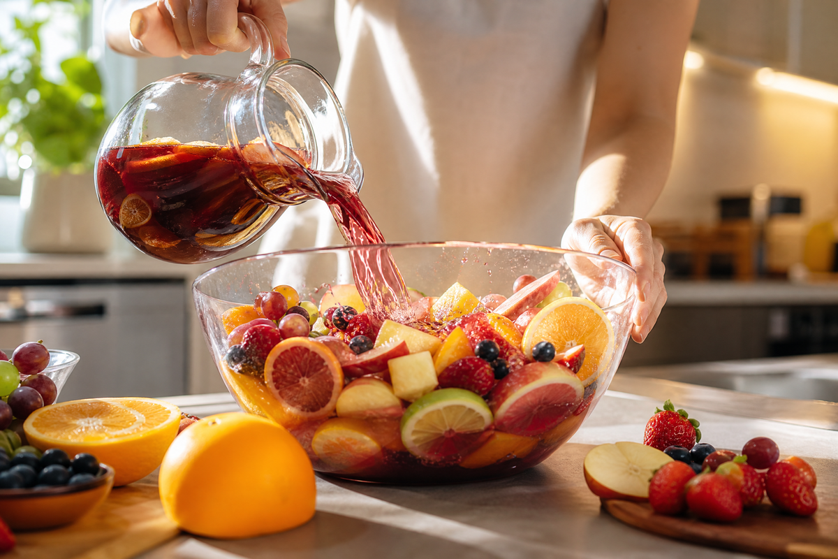 Une personne verse du vin rouge d'une carafe en verre sur un grand saladier rempli de fruits frais coupés.