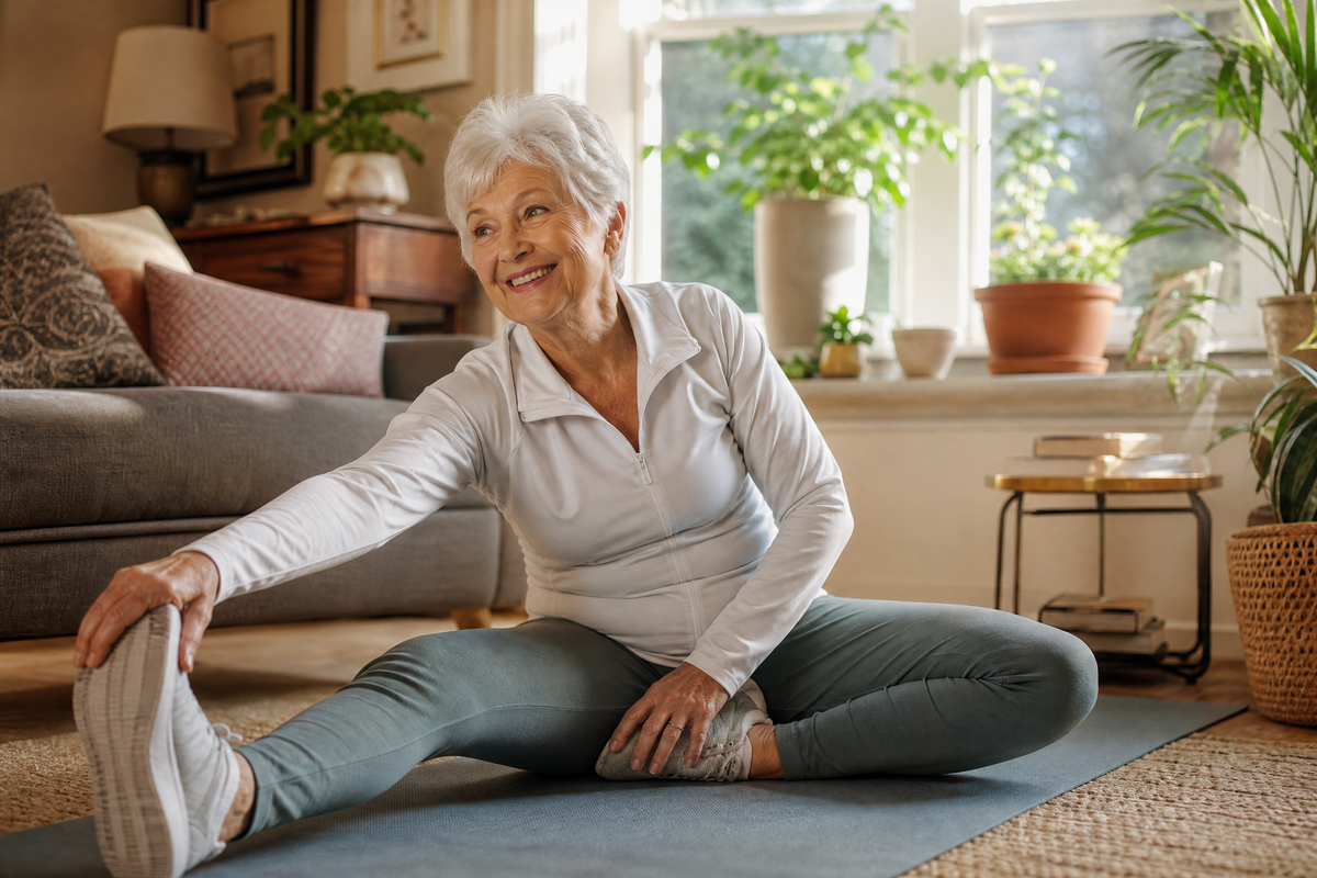 Femme senior souriante assise sur un tapis de sol en train de s'étirer la jambe dans son salon.