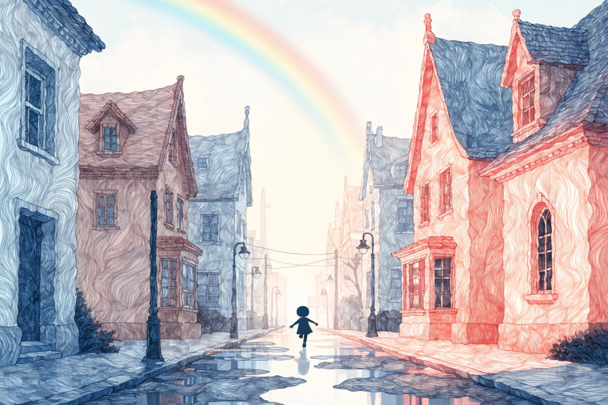 Rue colorée après la pluie avec un arc-en-ciel, évoquant la fin de l’épisode Sésame Street