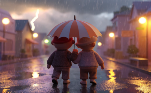 Silhouettes de marionnettes vues de dos sous un parapluie