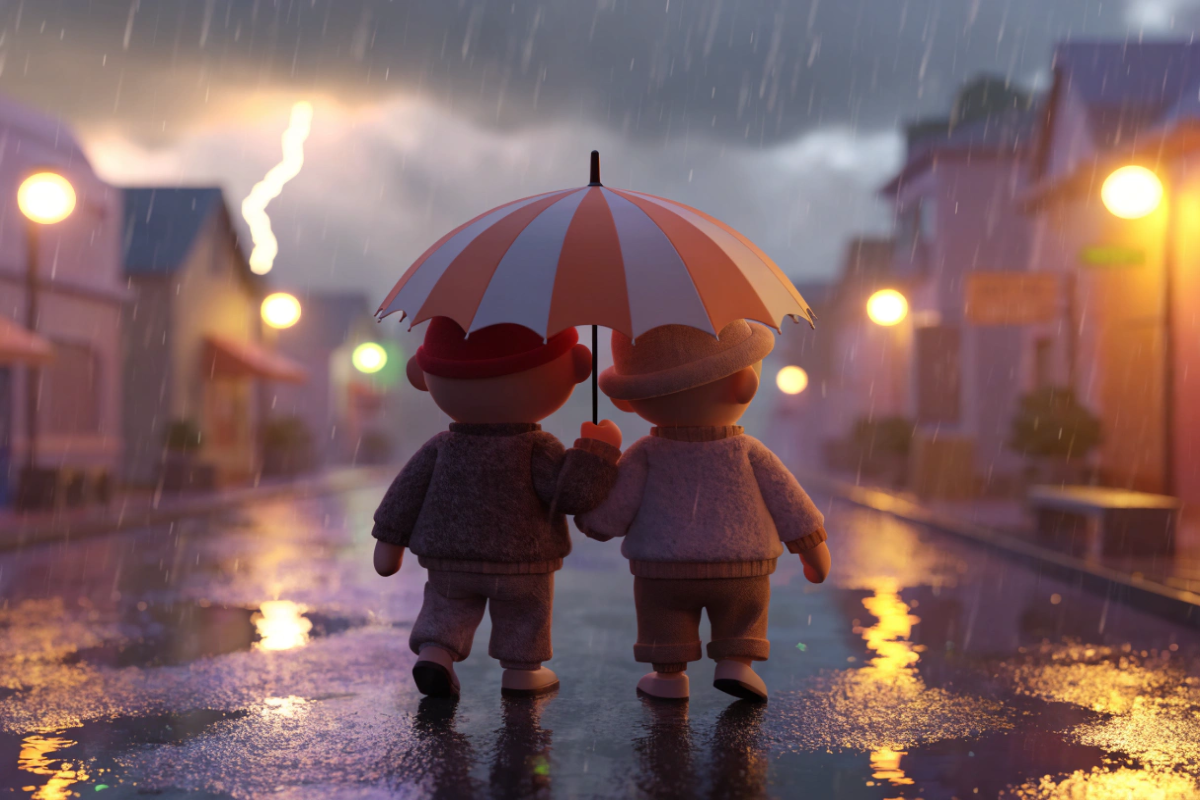 Silhouettes de marionnettes vues de dos sous un parapluie