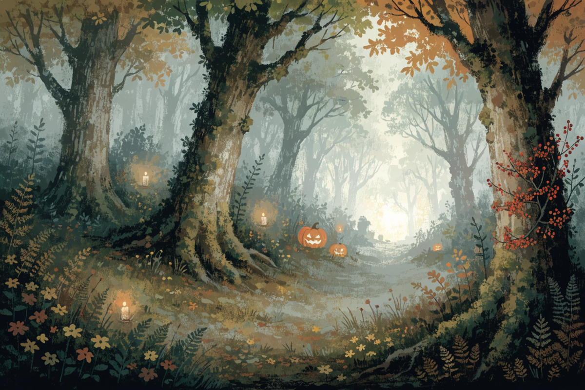 Forêt mystérieuse d'automne évoquant la bêête de Shaun le Mouton Halloween