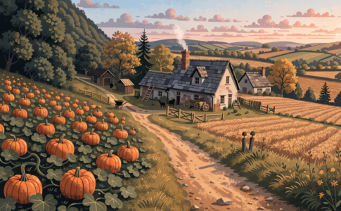 Ferme de Mossy Bottom décorée pour Halloween avec citrouilles, dans l'univers de Shaun le Mouton