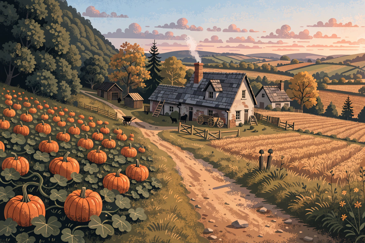Ferme de Mossy Bottom décorée pour Halloween avec citrouilles, dans l'univers de Shaun le Mouton