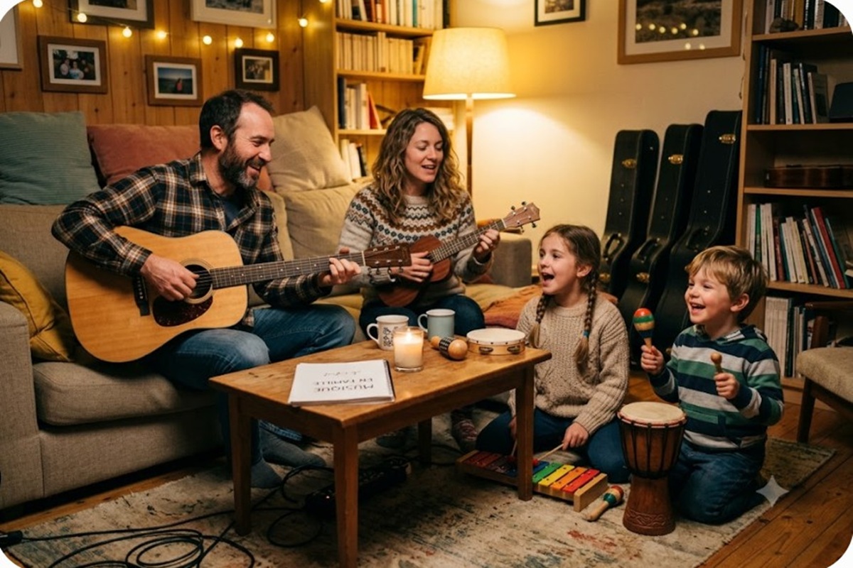 Une famille s’amusant grâce à la musique