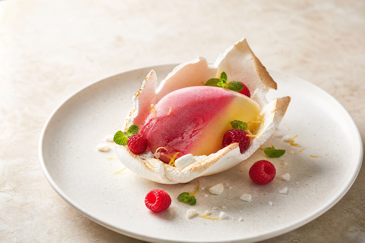 Sorbet meringué aux fruits rouges avec framboises et menthe.