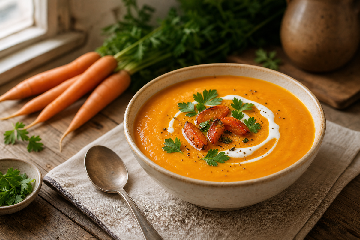 Bol de soupe aux carottes onctueuses garni de persil et de rondelles de carottes.