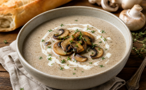 Bol de soupe veloutée aux champignons garni de tranches de champignons poêlées, de crème et de thym.