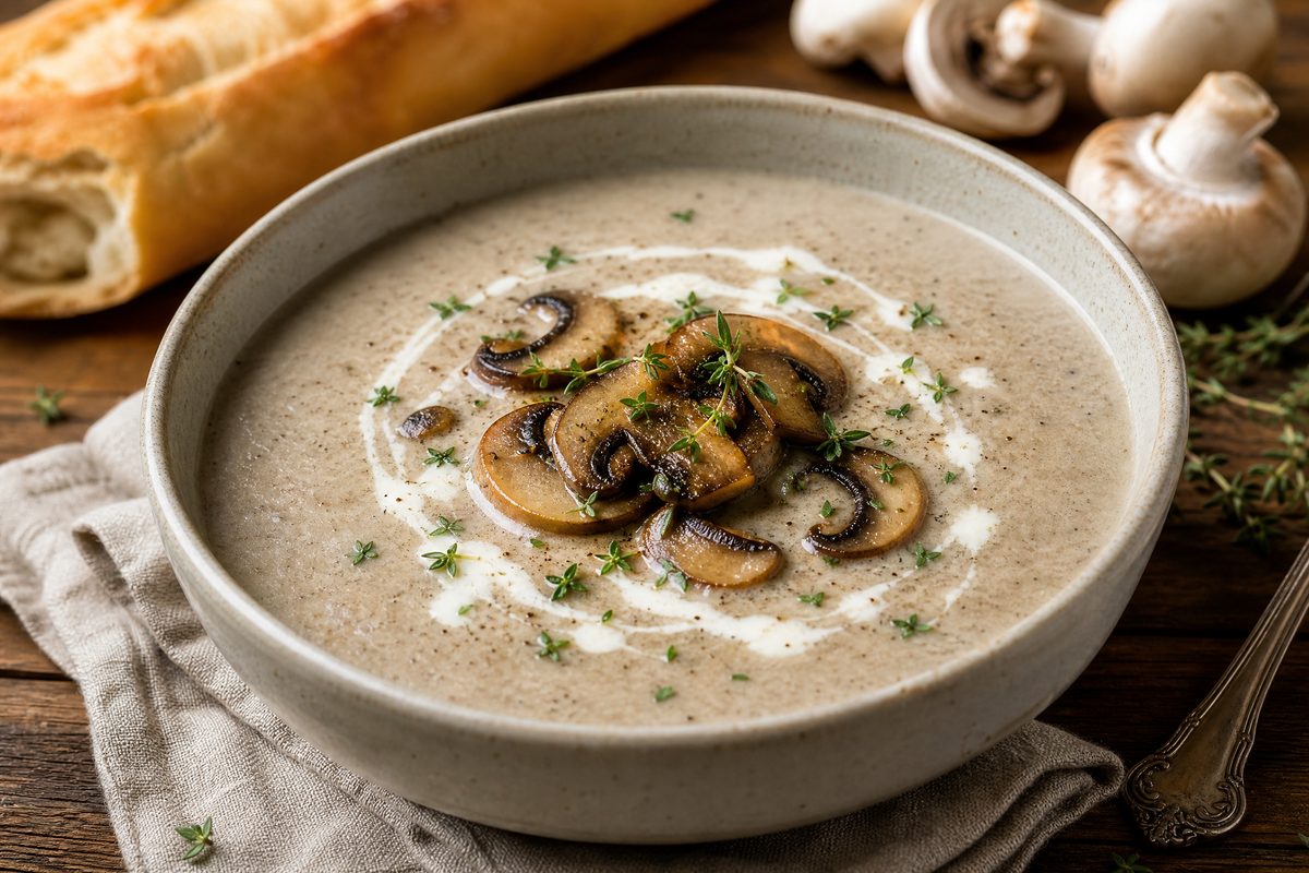 Bol de soupe veloutée aux champignons garni de tranches de champignons poêlées, de crème et de thym.