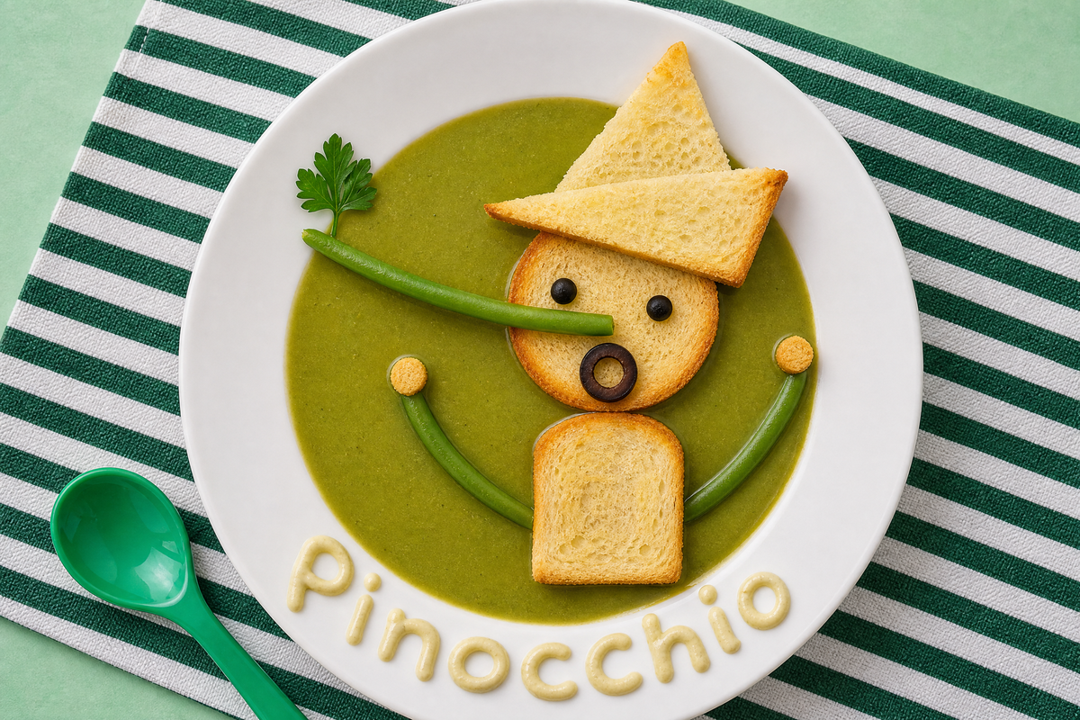 Soupe de haricots verts décorée en forme de Pinocchio avec des croûtons de pain et le prénom écrit en dessous.