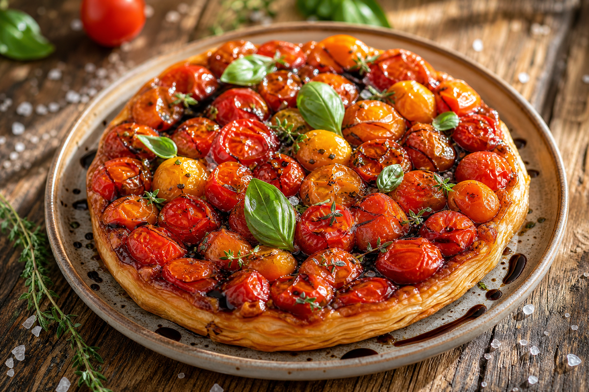 Tarte tatin aux tomates cerises caramélisées et feuilles de basilic frais.