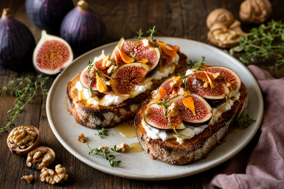 Tartines grillées au fromage frais, figues et noix.