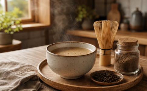 Une tasse de hojicha chaud avec un fouet en bambou, des feuilles de thé et de la poudre de hojicha.