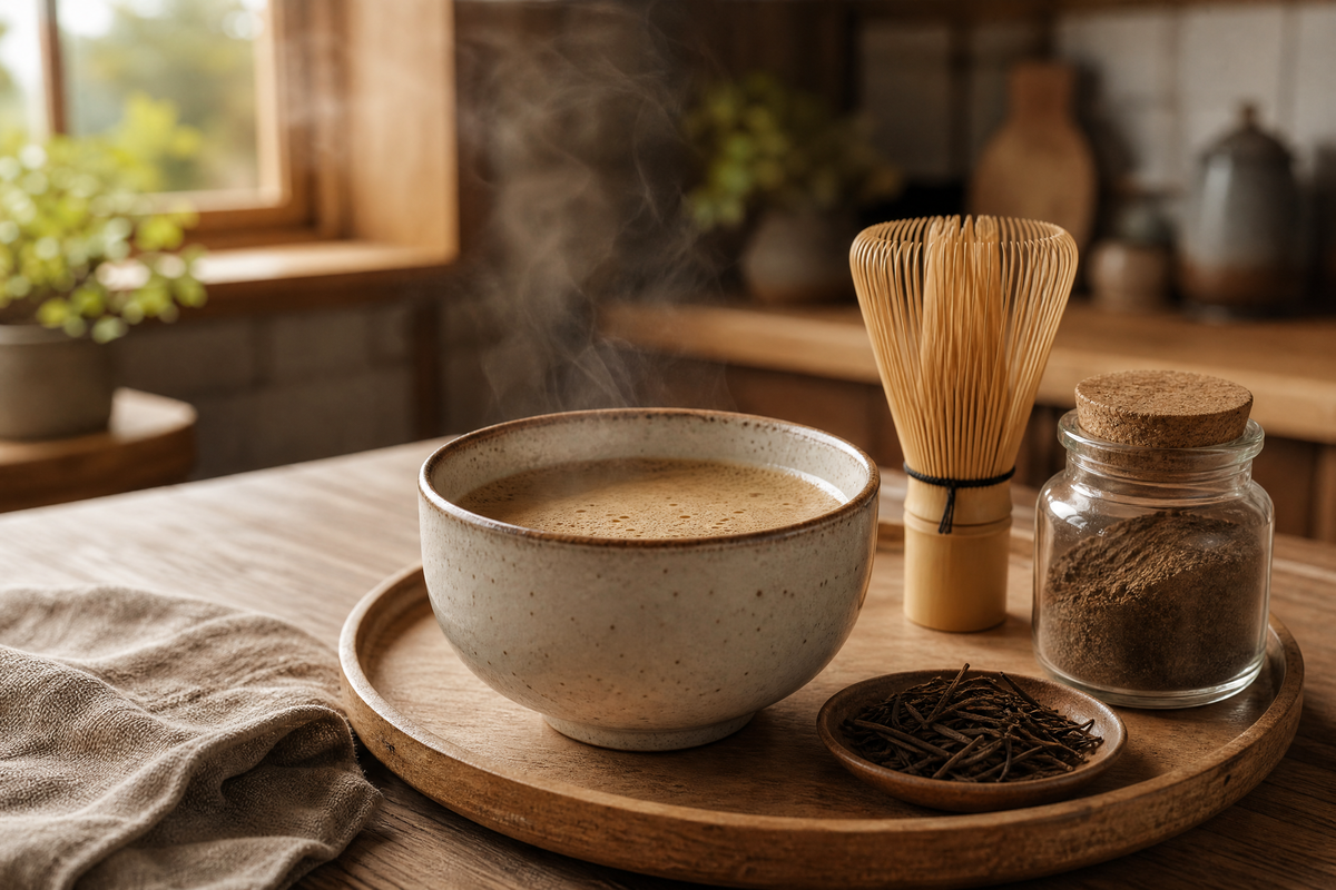  Une tasse de hojicha chaud avec un fouet en bambou, des feuilles de thé et de la poudre de hojicha.