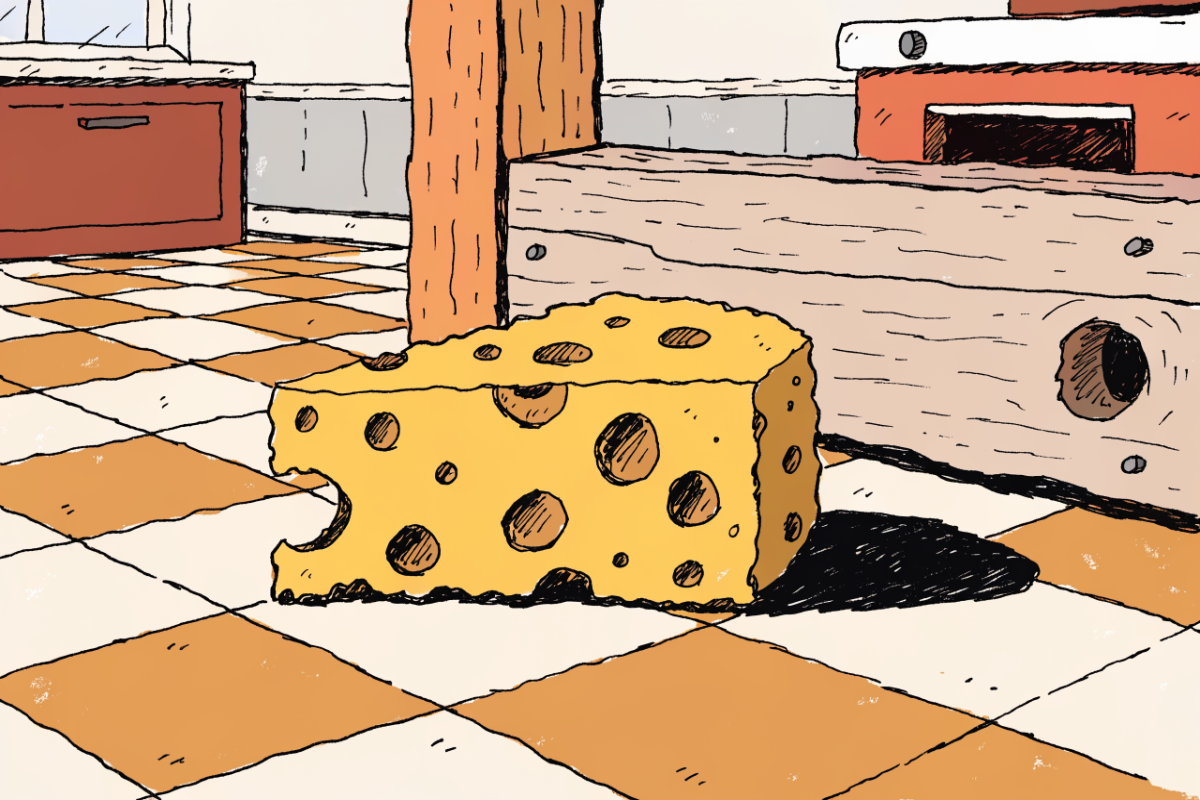 Morceau de fromage jaune posé près d'un trou de souris dessiné 