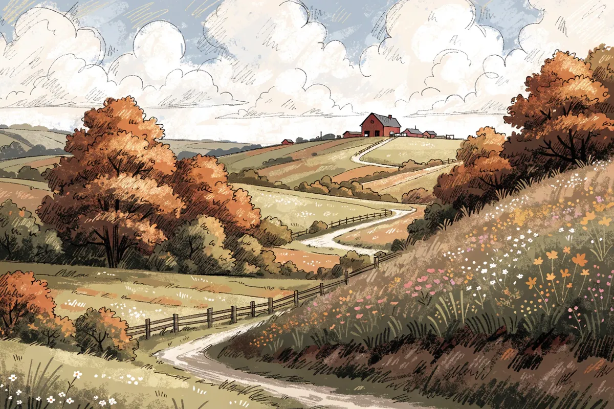 Paysage de ferme en automne comme dans le film Un amour d'épouvantail 