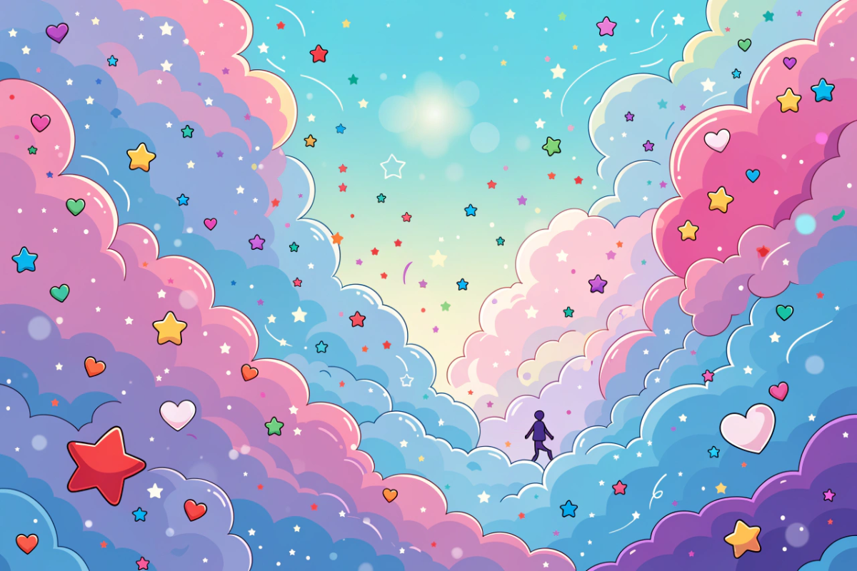 Confettis colorés en forme d'étoiles illustrant l'ambiance festive de la série Unikitty 