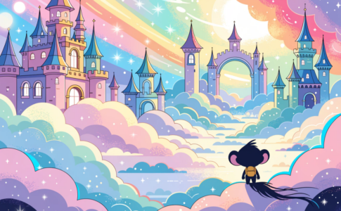 Royaume de nuages colorés évoquant l'univers joyeux de la série Unikitty