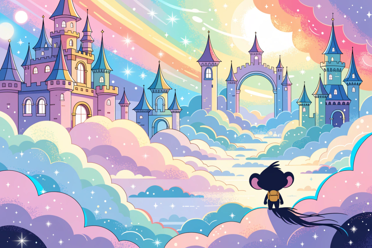 Royaume de nuages colorés évoquant l'univers joyeux de la série Unikitty