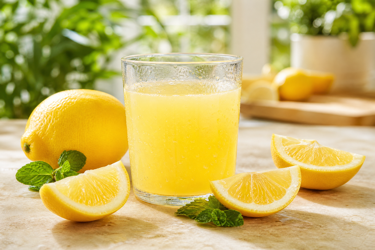  Un verre de jus de citron pressé frais entouré de quartiers de citron jaune et de feuilles de menthe.