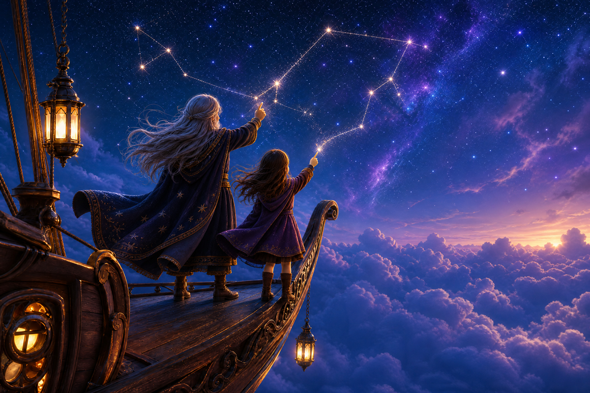Vieille magicienne et son apprentie dessinant des constellations dans le ciel 