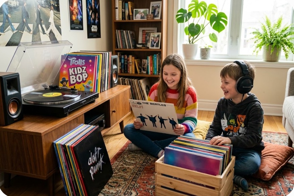 Des enfants découvrant la musique avec des vinyles
