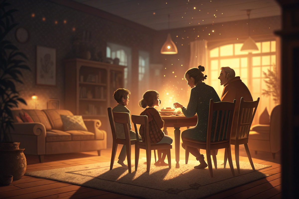 Famille réunie autour d'une lumière magique illustrant l'esprit de Waverly Place 