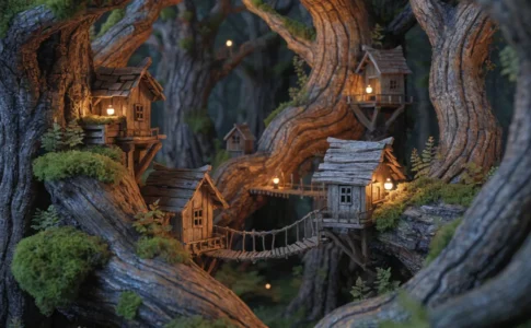 village fantastique dans les arbres comme dans le film d'animation Wildwood