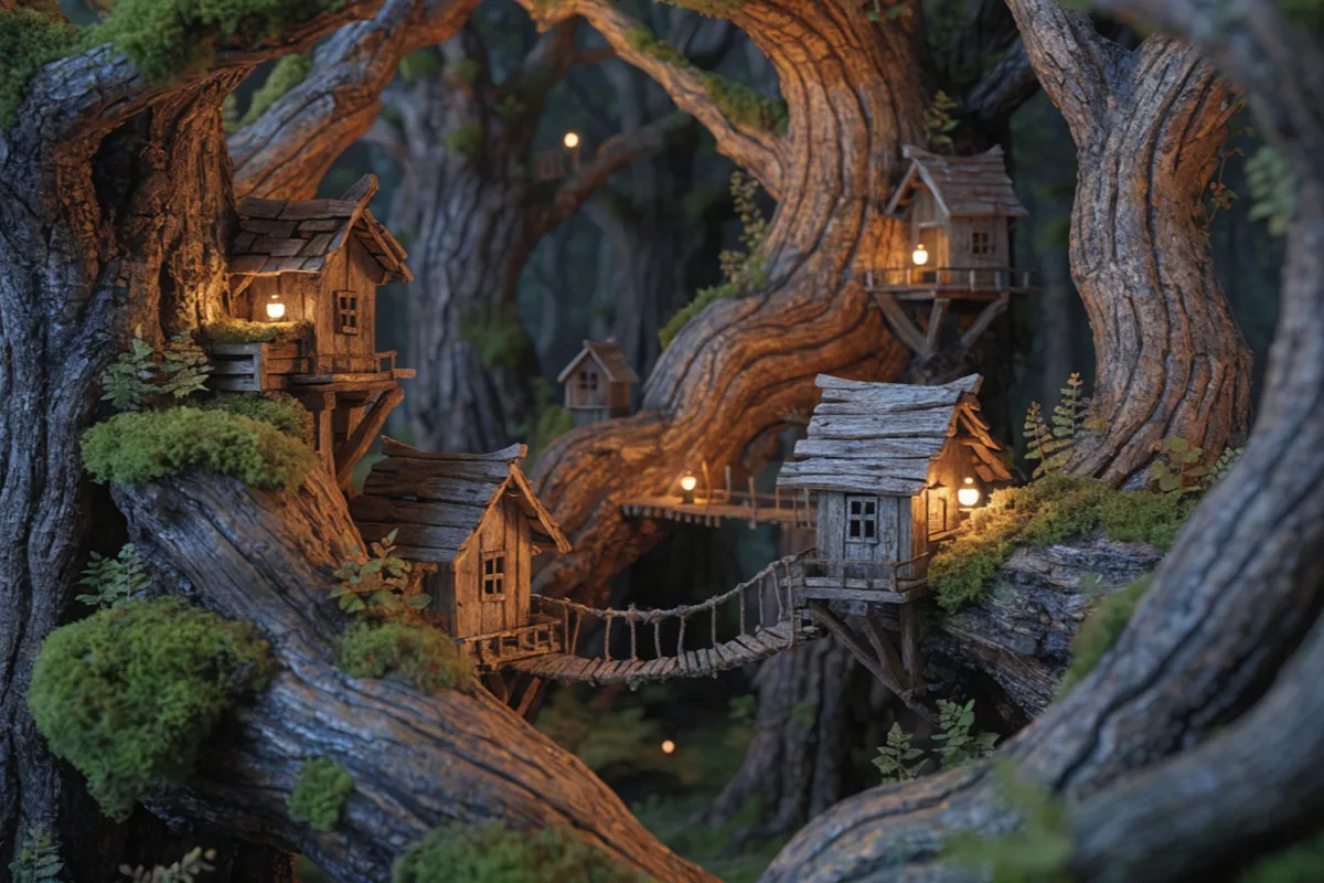 village fantastique dans les arbres comme dans le film d'animation Wildwood