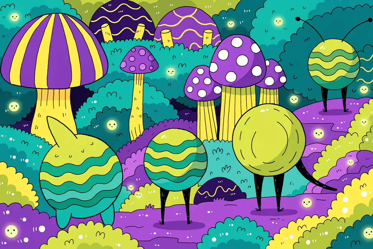 Créatures fantastiques d'une forêt enchantée rappelant l'univers d'Adventure Time