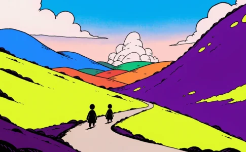 Paysage fantastique coloré dans l'esprit d'Adventure Time avec deux héros vus de dos