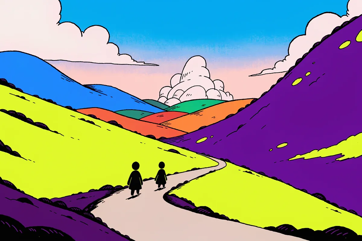 Paysage fantastique coloré dans l'esprit d'Adventure Time avec deux héros vus de dos