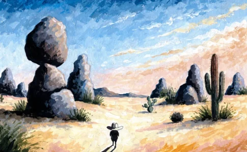 Petit hamster cowboy vu de dos dans une plaine de Far West