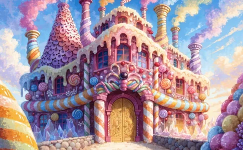Façade colorée et fantaisiste d'une chocolaterie imaginaire rappelant l’univers de Willy Wonka