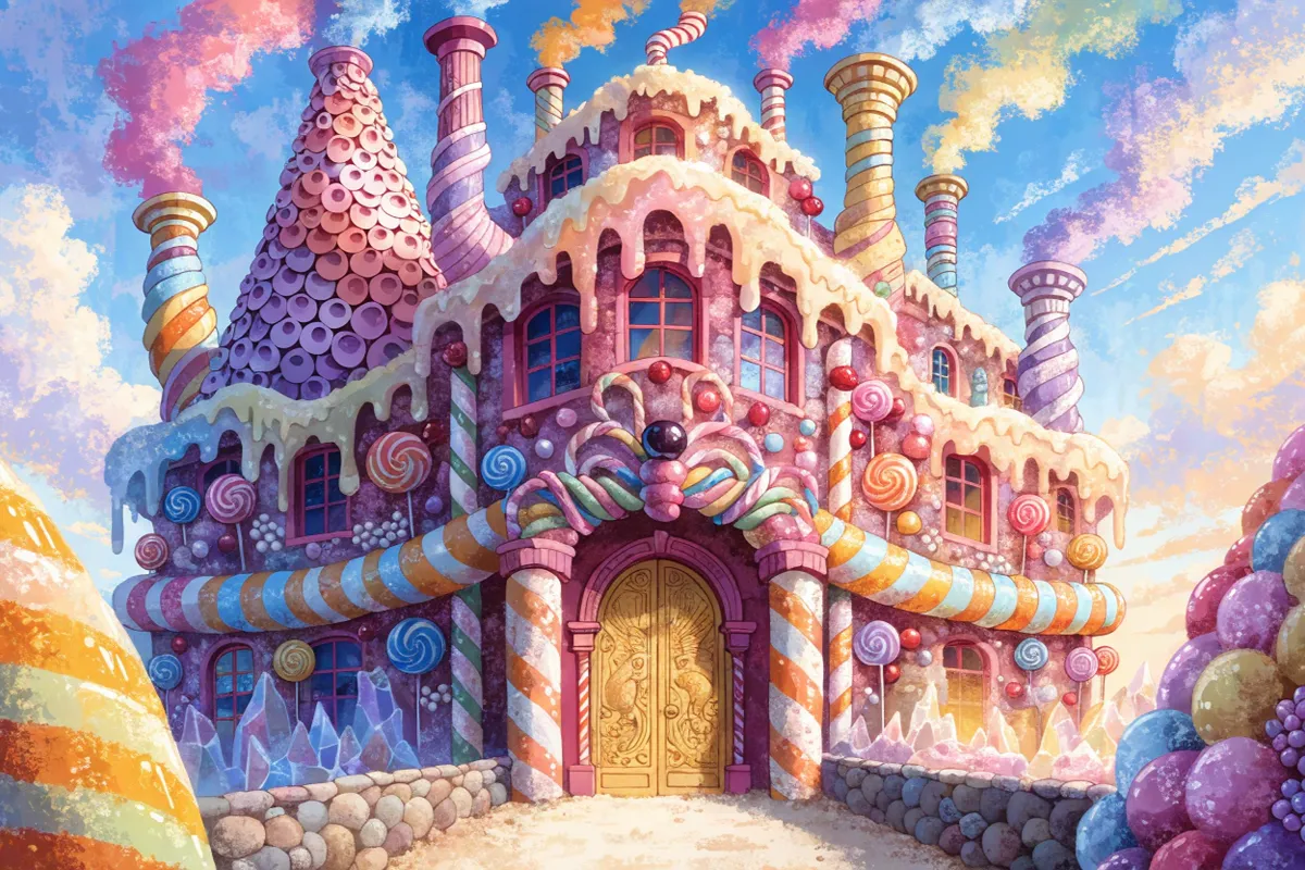 Façade colorée et fantaisiste d'une chocolaterie imaginaire rappelant l’univers de Willy Wonka  